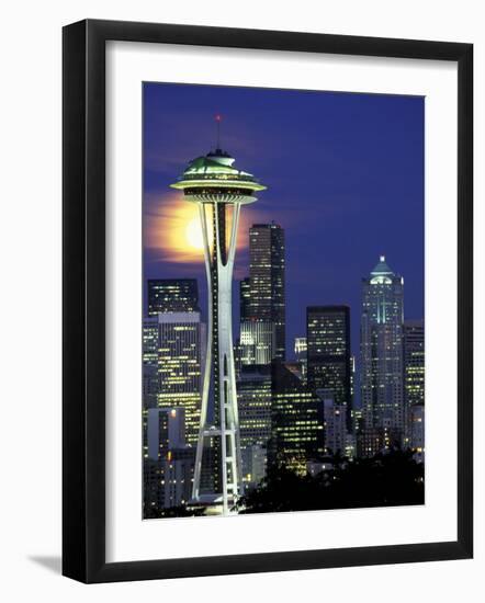 Space Needle and Full Moon, Seattle, Washington, USA-William Sutton-Framed Photographic Print