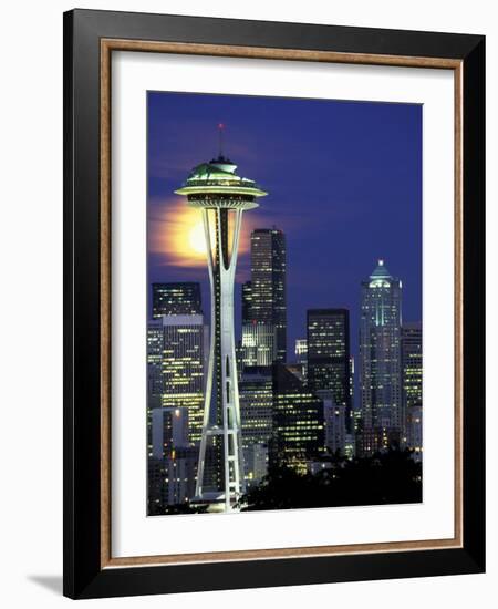 Space Needle and Full Moon, Seattle, Washington, USA-William Sutton-Framed Photographic Print