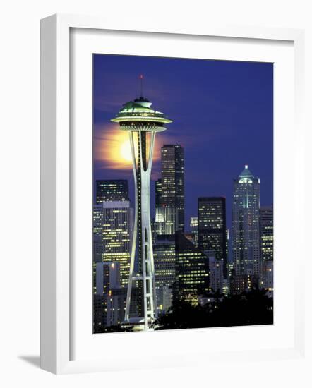 Space Needle and Full Moon, Seattle, Washington, USA-William Sutton-Framed Photographic Print