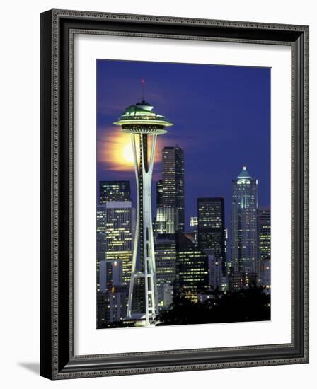 Space Needle and Full Moon, Seattle, Washington, USA-William Sutton-Framed Photographic Print