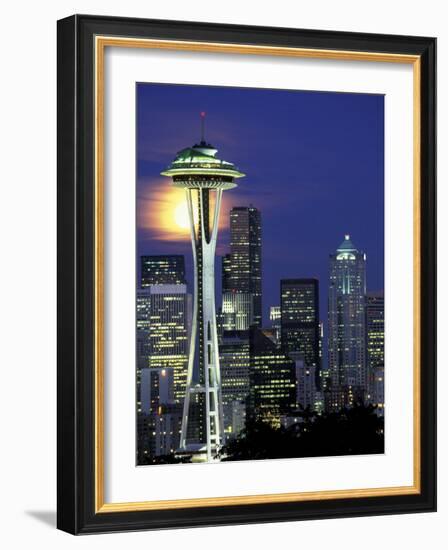 Space Needle and Full Moon, Seattle, Washington, USA-William Sutton-Framed Photographic Print