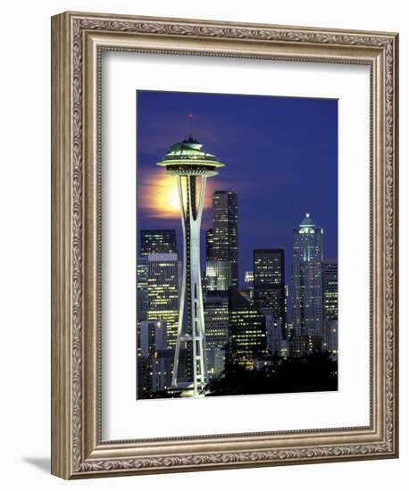 Space Needle and Full Moon, Seattle, Washington, USA-William Sutton-Framed Photographic Print