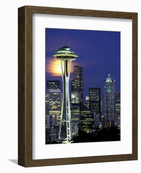 Space Needle and Full Moon, Seattle, Washington, USA-William Sutton-Framed Photographic Print