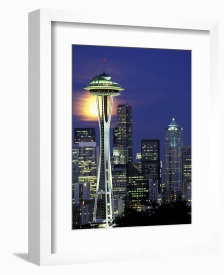 Space Needle and Full Moon, Seattle, Washington, USA-William Sutton-Framed Photographic Print