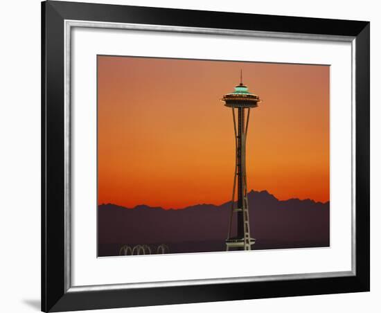 Space Needle and Olympic Mountains at Dusk, Seattle, Washington, USA-David Barnes-Framed Photographic Print