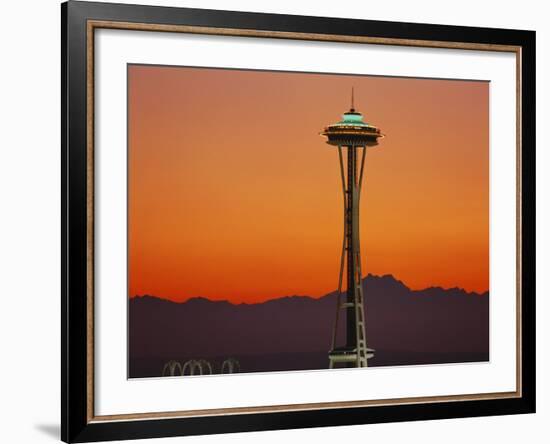 Space Needle and Olympic Mountains at Dusk, Seattle, Washington, USA-David Barnes-Framed Photographic Print