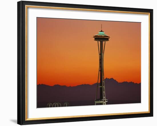 Space Needle and Olympic Mountains at Dusk, Seattle, Washington, USA-David Barnes-Framed Photographic Print
