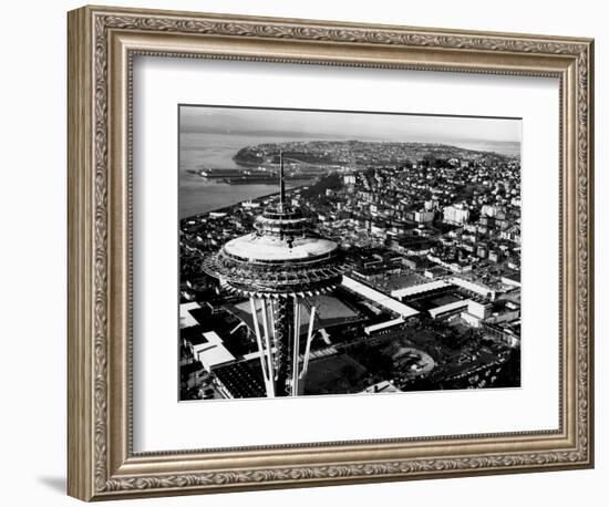 Space Needle construction and Waterfront Photograph - Seattle, WA-Lantern Press-Framed Art Print
