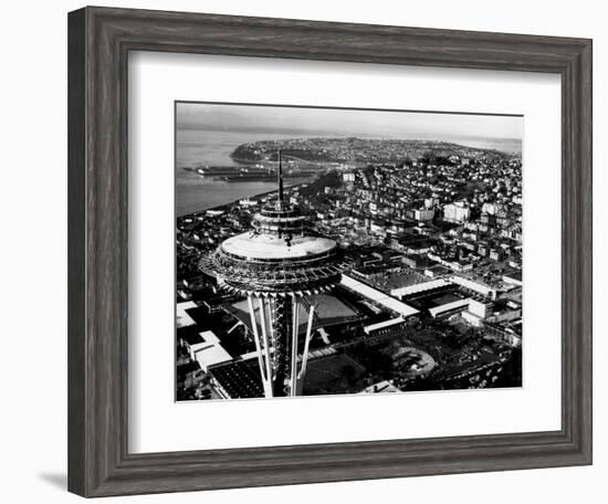 Space Needle construction and Waterfront Photograph - Seattle, WA-Lantern Press-Framed Art Print