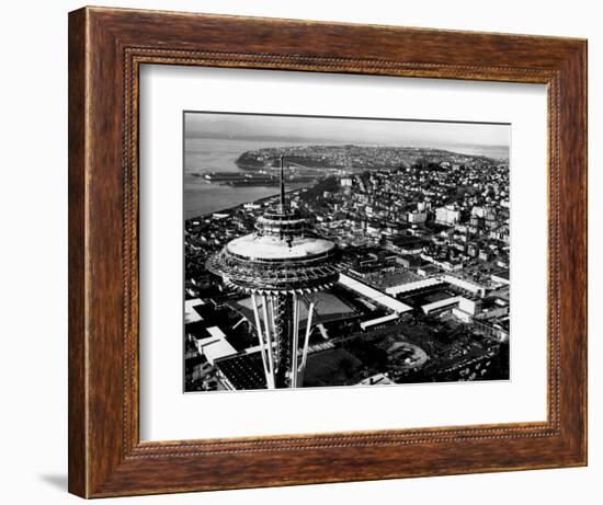 Space Needle construction and Waterfront Photograph - Seattle, WA-Lantern Press-Framed Art Print