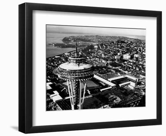 Space Needle construction and Waterfront Photograph - Seattle, WA-Lantern Press-Framed Art Print