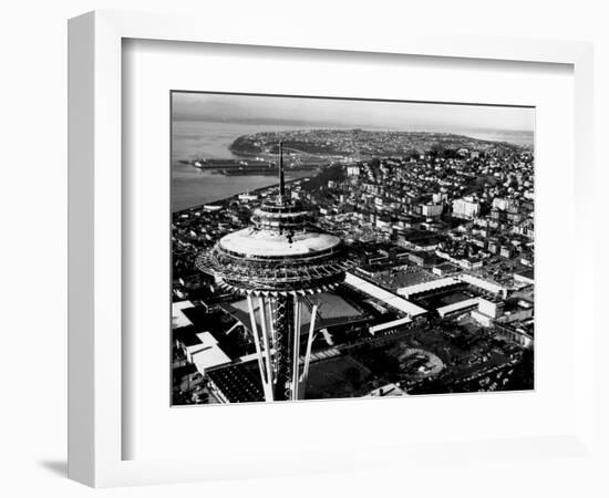 Space Needle construction and Waterfront Photograph - Seattle, WA-Lantern Press-Framed Art Print