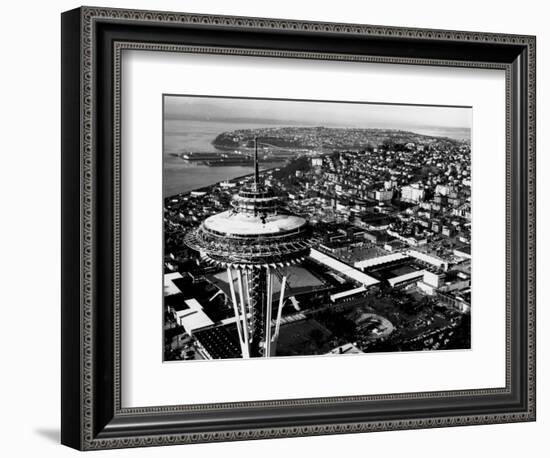 Space Needle construction and Waterfront Photograph - Seattle, WA-Lantern Press-Framed Art Print