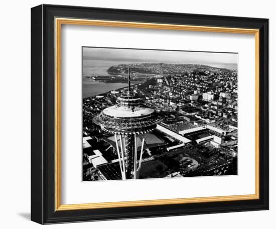 Space Needle construction and Waterfront Photograph - Seattle, WA-Lantern Press-Framed Art Print