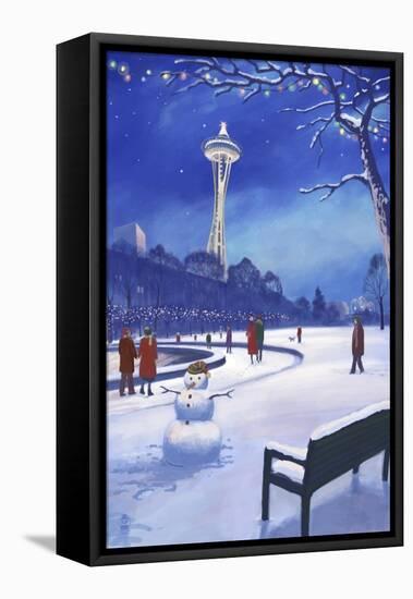 Space Needle in Snow, Seattle, WA-Lantern Press-Framed Stretched Canvas