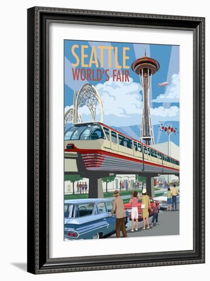 Space Needle Opening Day Scene - Seattle, WA-Lantern Press-Framed Art Print