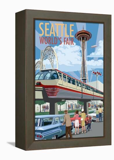 Space Needle Opening Day Scene - Seattle, WA-Lantern Press-Framed Stretched Canvas