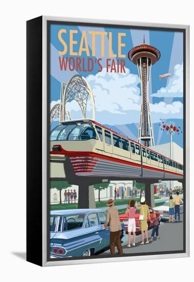 Space Needle Opening Day Scene - Seattle, WA-Lantern Press-Framed Stretched Canvas