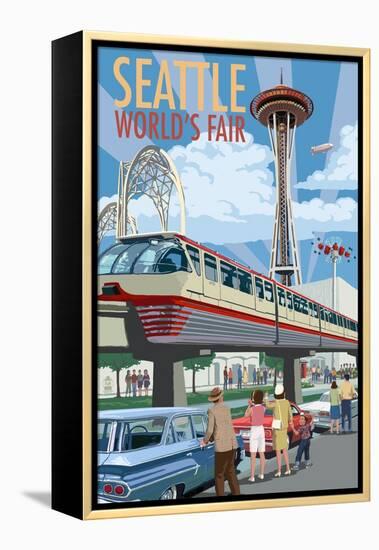 Space Needle Opening Day Scene - Seattle, WA-Lantern Press-Framed Stretched Canvas