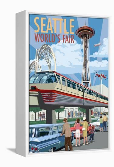 Space Needle Opening Day Scene - Seattle, WA-Lantern Press-Framed Stretched Canvas