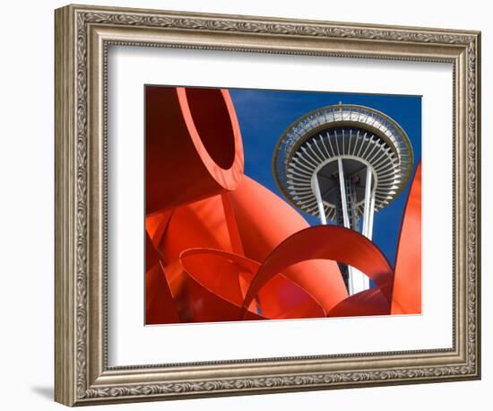 Space Needle with Olympic Iliad Sculpture, Seattle Center, Seattle, Washington, USA-Jamie & Judy Wild-Framed Photographic Print