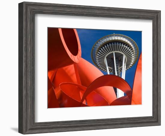 Space Needle with Olympic Iliad Sculpture, Seattle Center, Seattle, Washington, USA-Jamie & Judy Wild-Framed Photographic Print