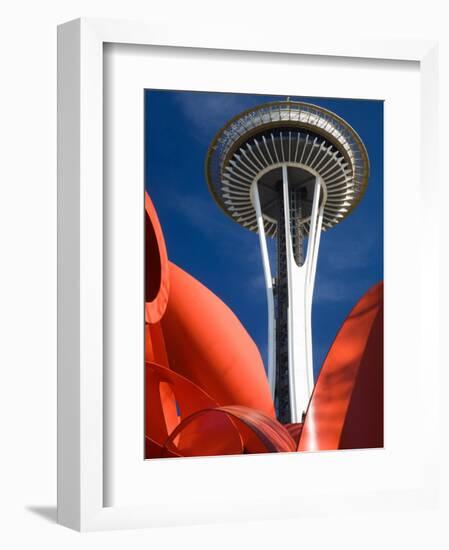 Space Needle with Olympic Iliad Sculpture, Seattle Center, Seattle, Washington, USA-Jamie & Judy Wild-Framed Photographic Print