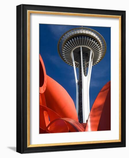 Space Needle with Olympic Iliad Sculpture, Seattle Center, Seattle, Washington, USA-Jamie & Judy Wild-Framed Photographic Print