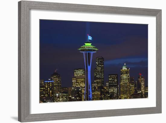 Space Needle with Seahawk colors and 12th man flag. Washington, USA-Jamie & Judy Wild-Framed Photographic Print