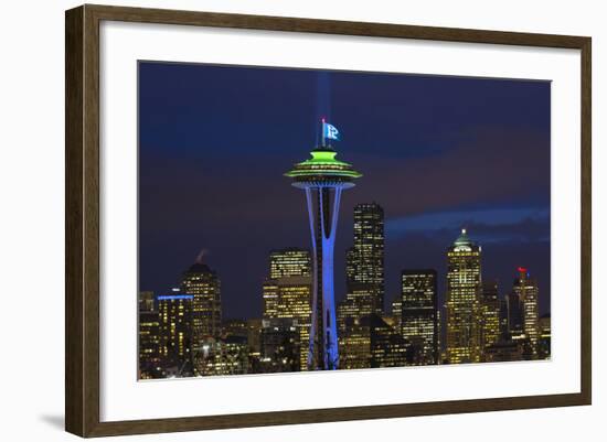 Space Needle with Seahawk colors and 12th man flag. Washington, USA-Jamie & Judy Wild-Framed Photographic Print