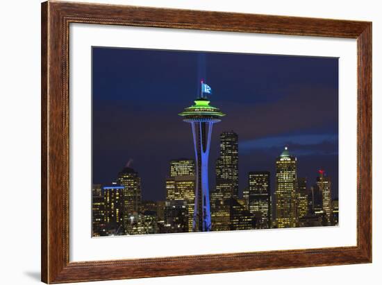 Space Needle with Seahawk colors and 12th man flag. Washington, USA-Jamie & Judy Wild-Framed Photographic Print