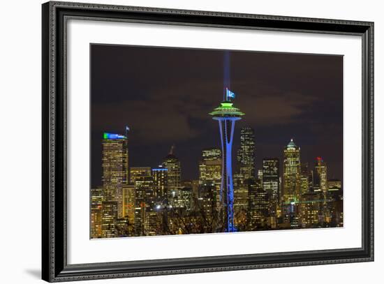 Space Needle with Seahawk colors and 12th man flag. Washington, USA-Jamie & Judy Wild-Framed Photographic Print