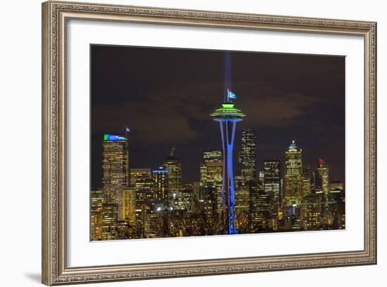 Space Needle with Seahawk colors and 12th man flag. Washington, USA-Jamie & Judy Wild-Framed Photographic Print