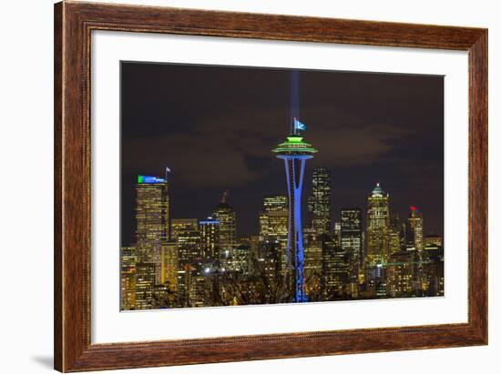 Space Needle with Seahawk colors and 12th man flag. Washington, USA-Jamie & Judy Wild-Framed Photographic Print