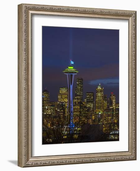 Space Needle with Seahawk colors and 12th man flag. Washington, USA-Jamie & Judy Wild-Framed Photographic Print