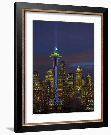 Space Needle with Seahawk colors and 12th man flag. Washington, USA-Jamie & Judy Wild-Framed Photographic Print