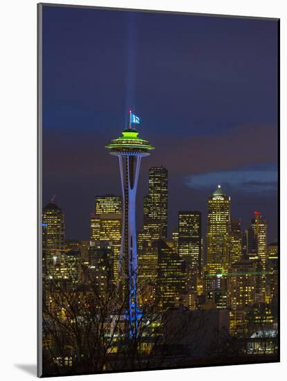 Space Needle with Seahawk colors and 12th man flag. Washington, USA-Jamie & Judy Wild-Mounted Photographic Print