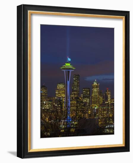 Space Needle with Seahawk colors and 12th man flag. Washington, USA-Jamie & Judy Wild-Framed Photographic Print