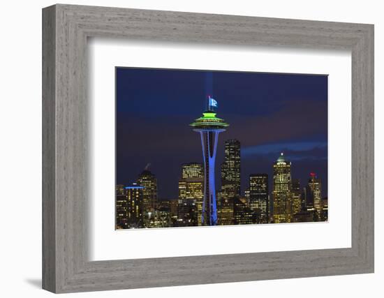 Space Needle with Seahawk colors and 12th man flag. Washington, USA-Jamie & Judy Wild-Framed Photographic Print