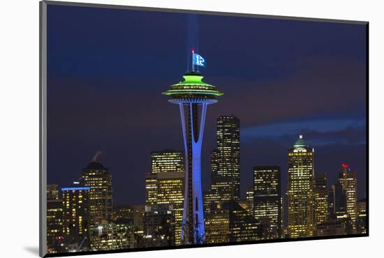 Space Needle with Seahawk colors and 12th man flag. Washington, USA-Jamie & Judy Wild-Mounted Photographic Print