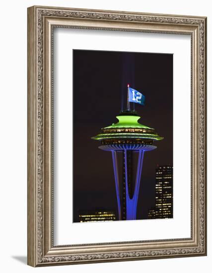 Space Needle with Seahawk colors and 12th man flag. Washington, USA-Jamie & Judy Wild-Framed Photographic Print