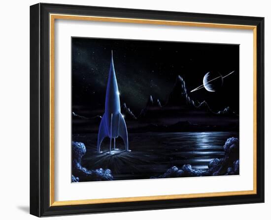 Space Rocket And Ringed Planet, Artwork-Richard Bizley-Framed Photographic Print