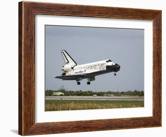 Space Shuttle Discovery Approaches Landing on the Runway at the Kennedy Space Center-Stocktrek Images-Framed Photographic Print