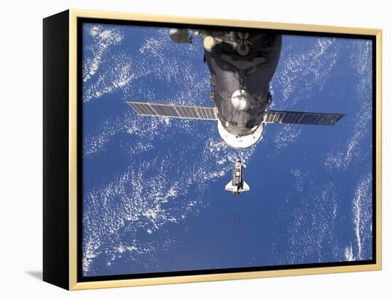 Space Shuttle Discovery Approaches the International Space Station-Stocktrek Images-Framed Premier Image Canvas