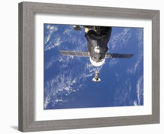 Space Shuttle Discovery Approaches the International Space Station-Stocktrek Images-Framed Photographic Print