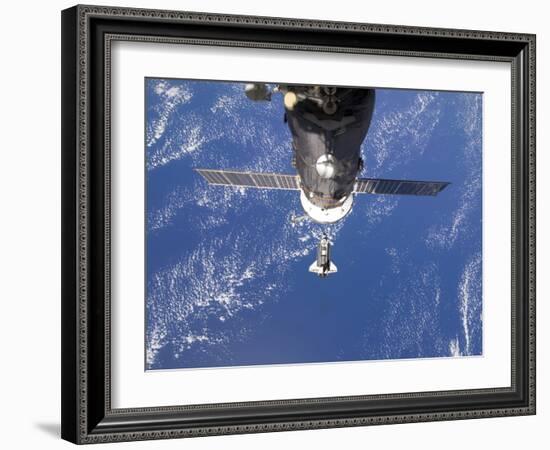 Space Shuttle Discovery Approaches the International Space Station-Stocktrek Images-Framed Photographic Print