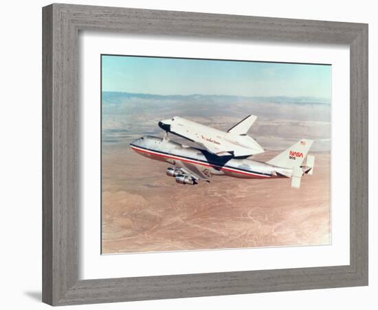 Space Shuttle Orbiter Mounted on Top of a Boeing 747 Carrier Aircraft, 1977-null-Framed Photographic Print