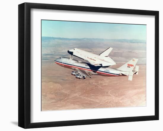 Space Shuttle Orbiter Mounted on Top of a Boeing 747 Carrier Aircraft, 1977-null-Framed Photographic Print