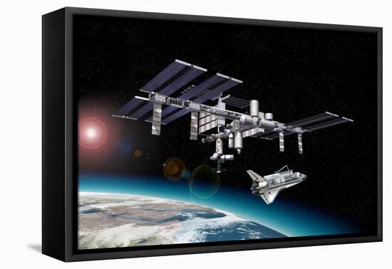 Space Station in Orbit around Earth with Space Shuttle-null-Framed Stretched Canvas