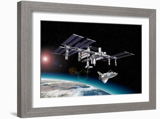 Space Station in Orbit around Earth with Space Shuttle-null-Framed Art Print